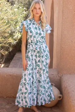Oliphant Maxis|Dresses>Ruffle Collar Button Maxi- Toscana Green