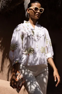Oliphant Tops>Ruffle Front Button Blouse- Canary Green