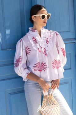 Oliphant Tops>Ruffle Front Button Blouse- Canary Coral