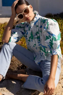 Oliphant Tops>Ruffle Front Button Blouse- Orchid Green