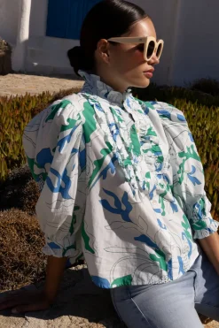 Oliphant Tops>Ruffle Front Button Blouse- Orchid Green