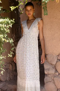 Oliphant Maxis|Dresses>Ruffle V-Neck Maxi- Juniper Olive