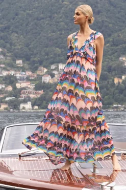 Oliphant Maxis>Ruffle V-Neck Maxi- Venice Blue