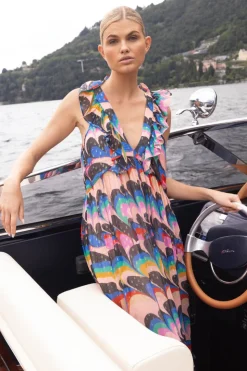 Oliphant Maxis>Ruffle V-Neck Maxi- Venice Blue