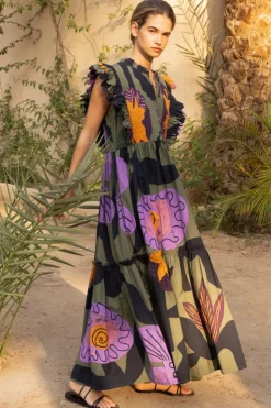 Oliphant Maxis|Dresses>Scallop Pintuck Maxi- Bergen Olive