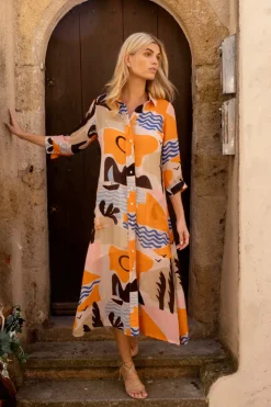 Oliphant Midis|Dresses>Shirt Dress Midi- Riviera Orange