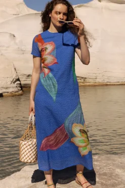 Oliphant Maxis|Dresses>Short Sleeve Shift Maxi- Hibiscus Blue