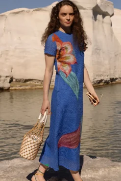 Oliphant Maxis|Dresses>Short Sleeve Shift Maxi- Hibiscus Blue