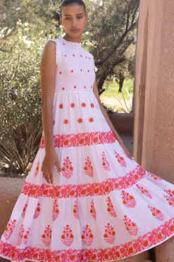 Oliphant Maxis|Dresses>Sleeveless Smocked Maxi- Calistoga Coral