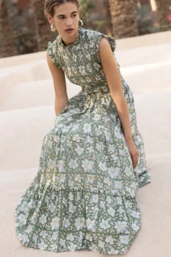 Oliphant Maxis|Dresses>Sleeveless Smocked Maxi- Ivy Olive