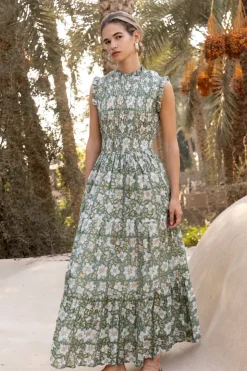 Oliphant Maxis|Dresses>Sleeveless Smocked Maxi- Ivy Olive