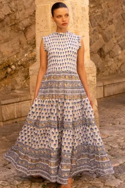 Oliphant Maxis|Dresses>Sleeveless Smocked Maxi- Lotus Navy