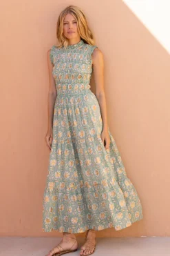 Oliphant Maxis|Dresses>Sleeveless Smocked Maxi- Mughal Green