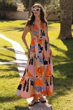 Oliphant Maxis|Dresses>Sleeveless Smocked Maxi- Riviera Orange