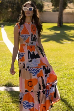 Oliphant Maxis|Dresses>Sleeveless Smocked Maxi- Riviera Orange