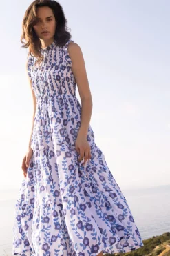 Oliphant Maxis|Dresses>Sleeveless Smocked Maxi- Toscana Blue