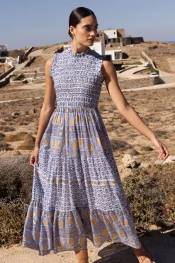 Oliphant Maxis|Dresses>Sleeveless Smocked Maxi- Veranda Blue