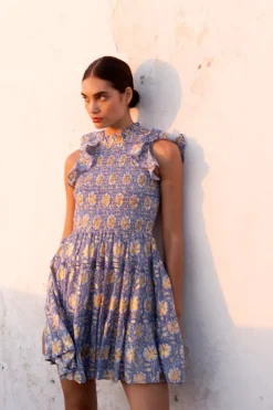 Oliphant Short & Mini Dresses|Dresses>Smocked Flirty Short- Mughal Blue