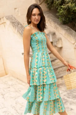 Oliphant Midis|Dresses>Smocked Tie Strap Midi- Ascot Teal