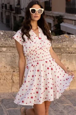 Oliphant Short & Mini Dresses|Dresses>Smocked Waist Roll Sleeve- Ellsworth Red