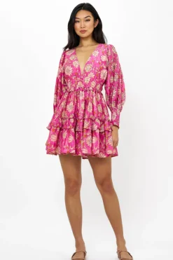 Oliphant Short & Mini Dresses>Smocked Waist V-Neck Mini- Presidio Magenta