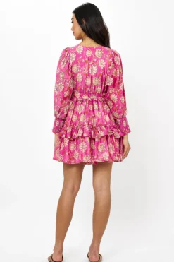 Oliphant Short & Mini Dresses>Smocked Waist V-Neck Mini- Presidio Magenta