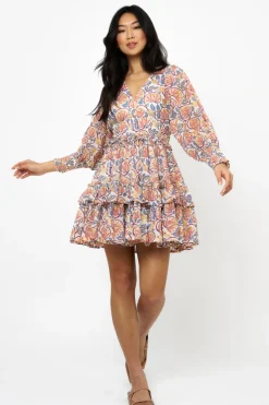 Oliphant Short & Mini Dresses>Smocked Waist V-Neck Mini- Montenegro Coral