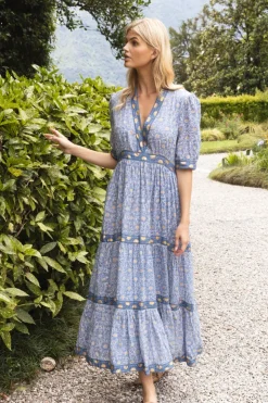 Oliphant Maxis>V-Neck Cuffed Maxi- Budapest Blue