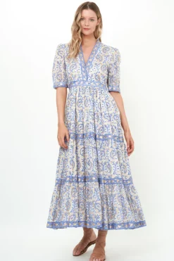 Oliphant Maxis|Dresses>V-Neck Cuffed Maxi- Marseille Blue