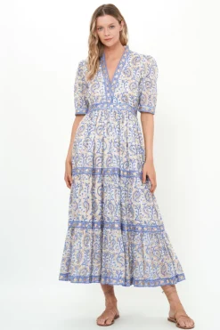 Oliphant Maxis|Dresses>V-Neck Cuffed Maxi- Marseille Blue