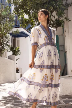 Oliphant Dresses|Maxis>V-Neck Cuffed Maxi- Napa Blue
