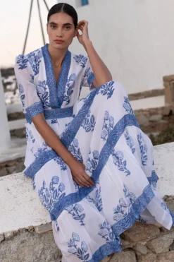 Oliphant Maxis|Dresses>V-Neck Cuffed Maxi- Salvia Blue