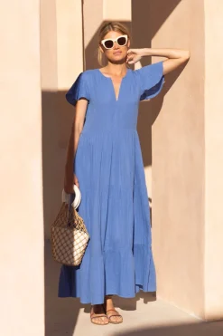Oliphant Maxis|Dresses>V-Neck Maxi- Bermuda Blue