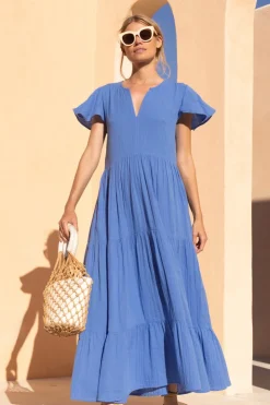 Oliphant Maxis|Dresses>V-Neck Maxi- Bermuda Blue