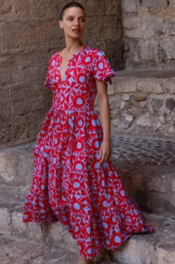 Oliphant Maxis|Dresses>V-Neck Maxi- Eclipse Red
