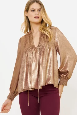 Oliphant Tops>V-Neck Pintuck Blouse- Cairo Gold