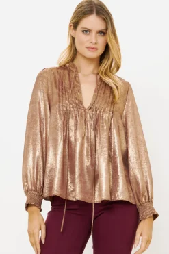 Oliphant Tops>V-Neck Pintuck Blouse- Cairo Gold