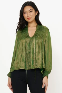 Oliphant Tops>V-Neck Pintuck Blouse- Cairo Green