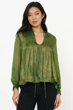 Oliphant Tops>V-Neck Pintuck Blouse- Cairo Green