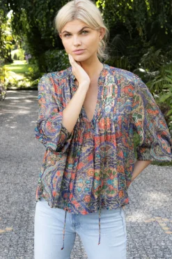 Oliphant Tops>V-Neck Pintuck Blouse- Persia Cobalt