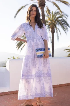 Oliphant Maxis|Dresses>V-Neck Puff Maxi- Amadora Blue