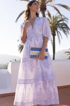 Oliphant Maxis|Dresses>V-Neck Puff Maxi- Amadora Blue